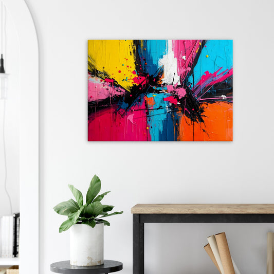 Landscape canvas with neon yellow, fuchsia, and electric teal horizontal abstract strokes forming a dynamic composition.