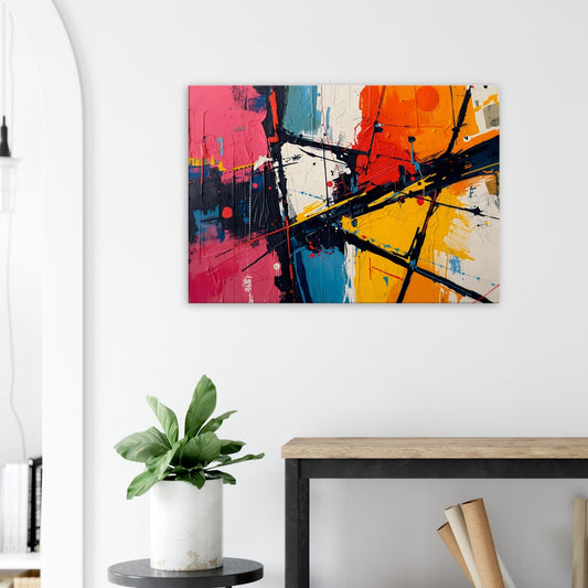 Landscape canvas with neon yellow, hot pink, and electric teal abstract strokes forming dynamic composition.