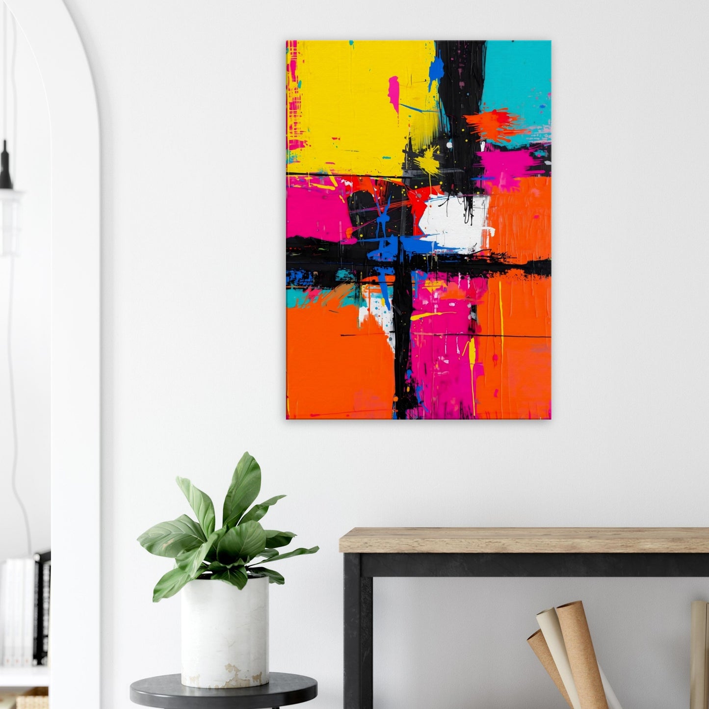 Portrait canvas with neon orange, magenta, yellow, and electric teal horizontal abstract strokes forming a dynamic composition.