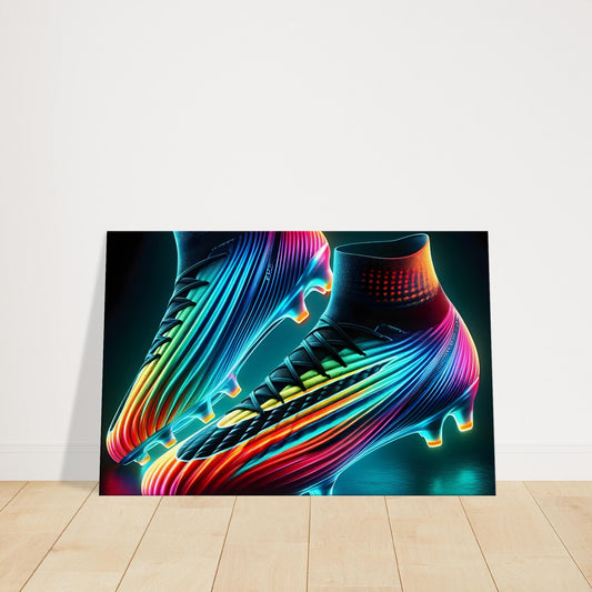 Canvas print of high-tech football boots glowing with vibrant neon colors and dynamic design.