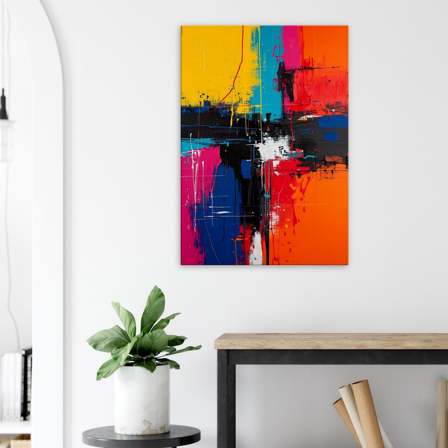 Portrait canvas with hot pink, electric blue, and neon orange vertical abstract strokes forming a dynamic composition.