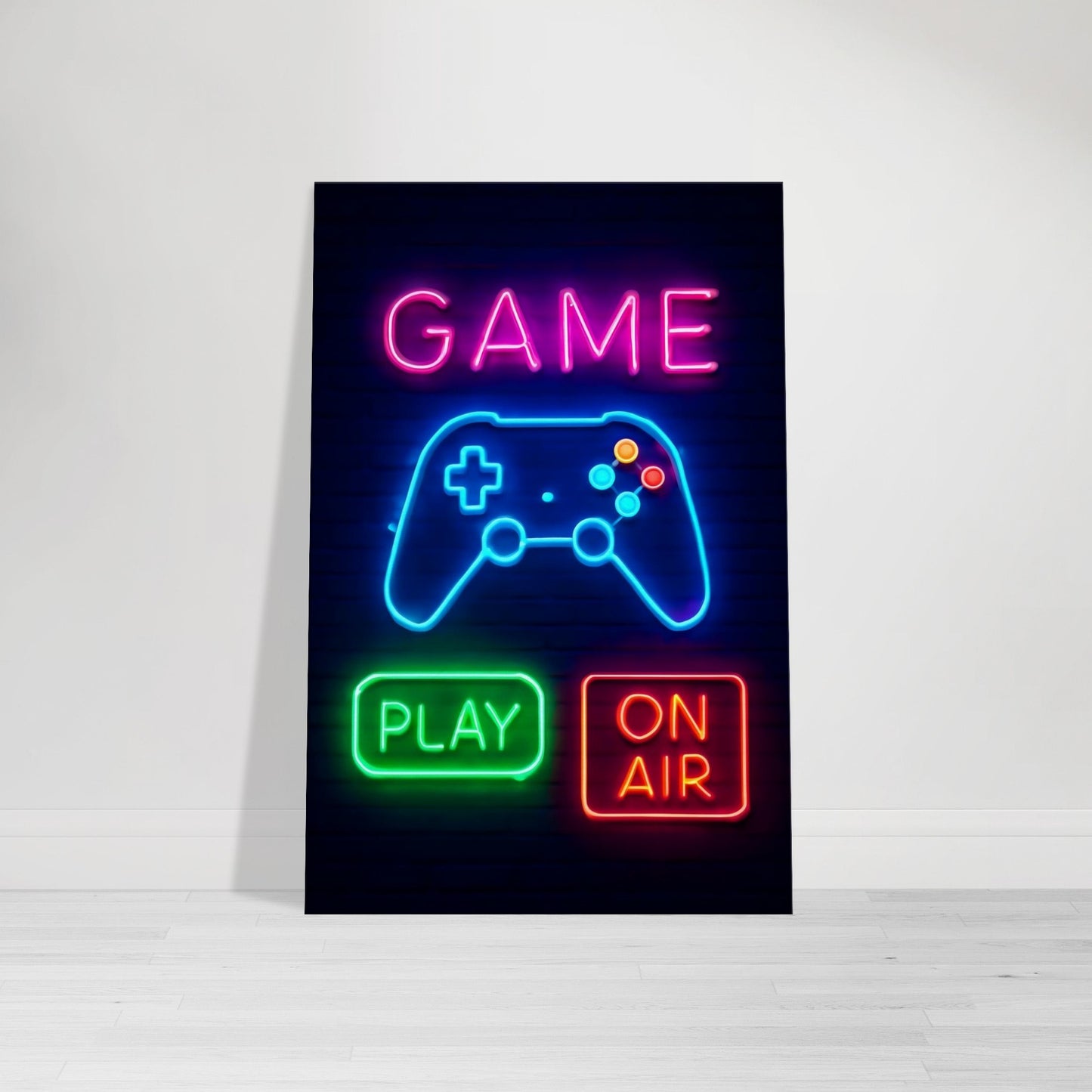 Neon gamer wall art glowing with purple, blue, and pink neon lights in futuristic cyber style.