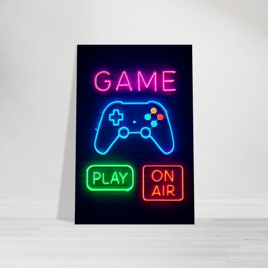 Neon gamer wall art glowing with purple, blue, and pink neon lights in futuristic cyber style.
