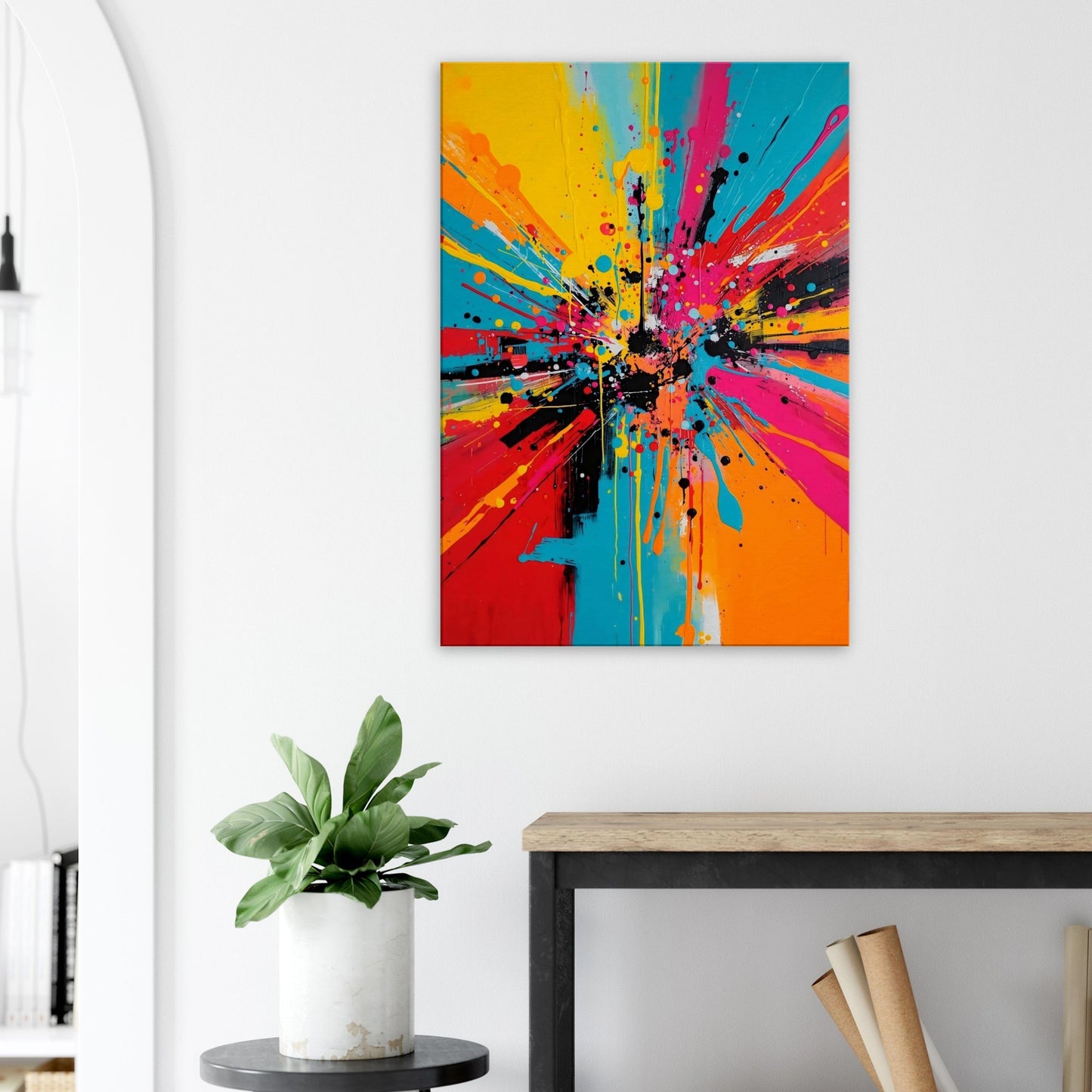 Portrait canvas with neon pink, electric teal, and crimson vertical abstract layers forming a dynamic composition.