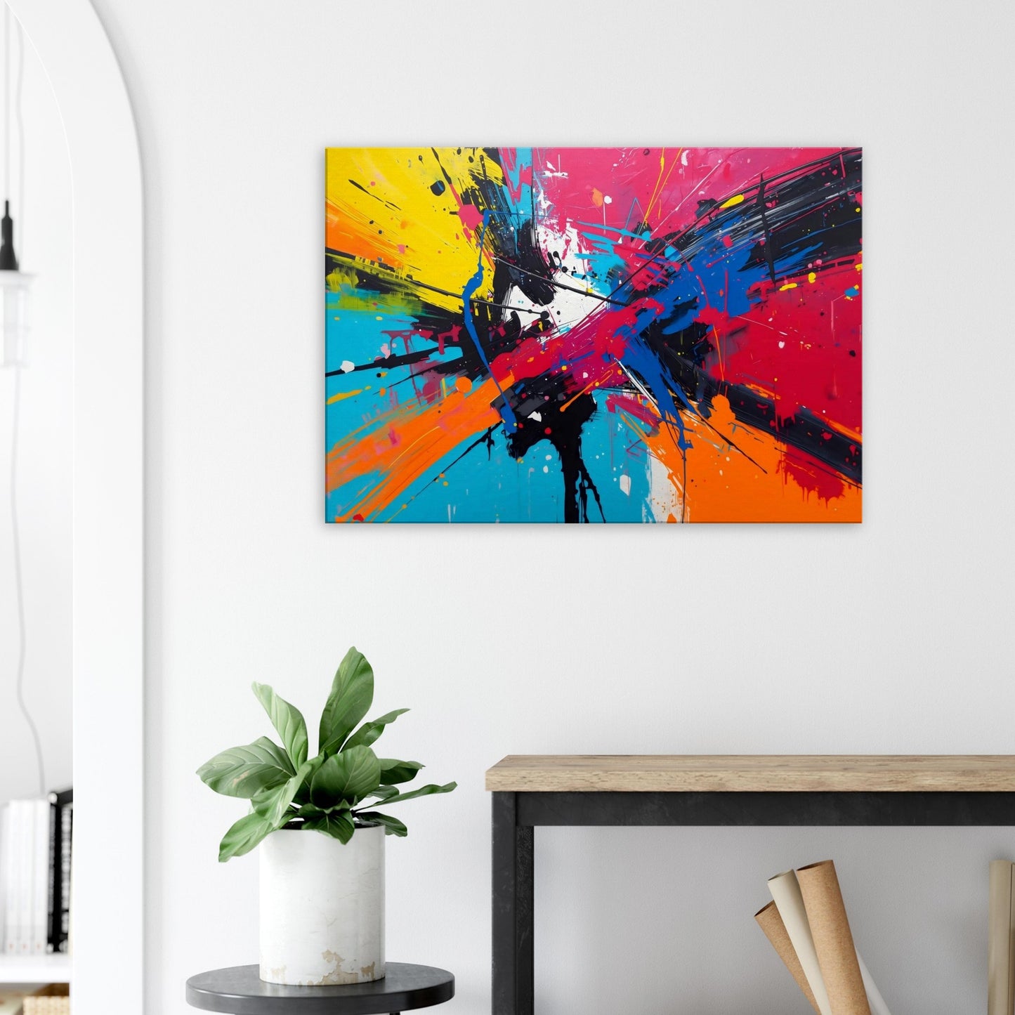 Landscape canvas with neon yellow, fuchsia, pink, and turquoise abstract strokes forming a dynamic composition.