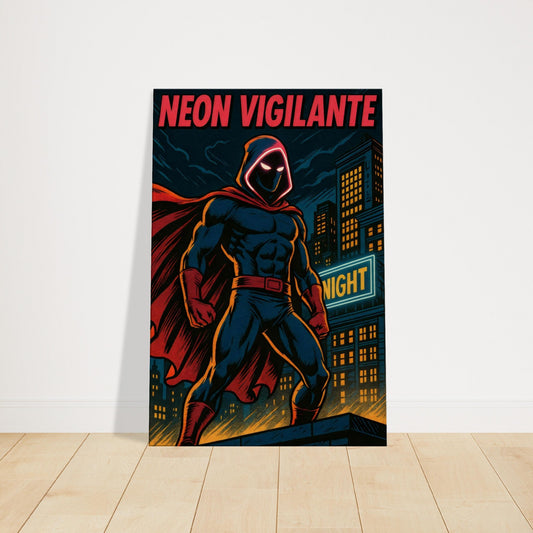 Comic-book artwork of masked vigilante on rooftop under neon lights with glowing city skyline behind.