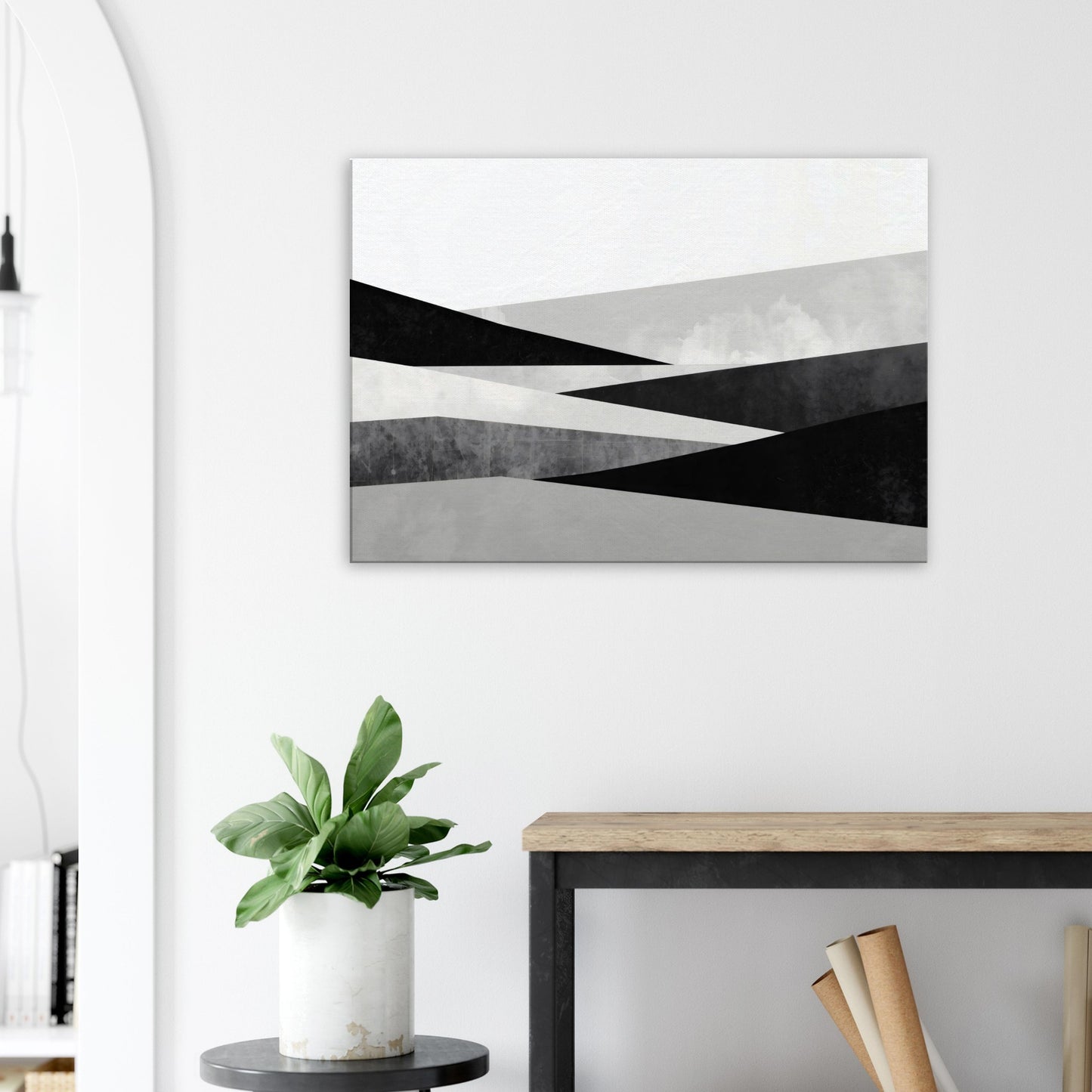 Landscape canvas with horizontal and vertical geometric lines and blocks in black, grey, and white.
