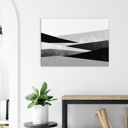 Landscape canvas with horizontal and vertical geometric lines and blocks in black, grey, and white.