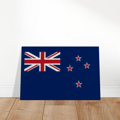 Luxury canvas print of the New Zealand flag featuring the Union Jack and four red stars with white outlines on a navy background, landscape format.