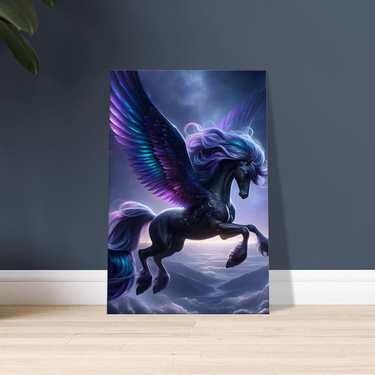 Artwork of a black Pegasus with iridescent purple and blue wings flying over a moonlit landscape and star-filled sky.