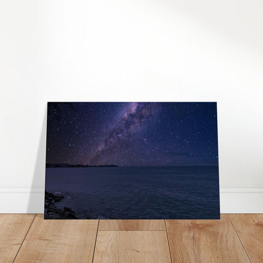 Milky Way galaxy over a calm sea with moonlit waves, rocky shore, and silhouetted trees under a starry night sky.