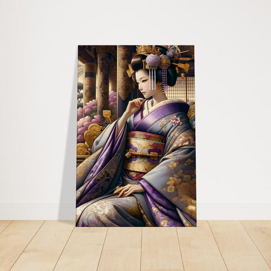 Japanese noblewoman in a purple and gold kimono standing in a palace garden with traditional architecture and blooming trees.