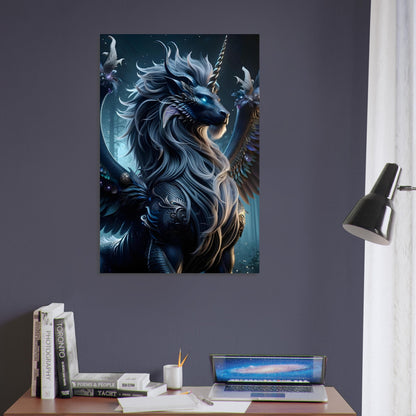Metal poster artwork of a mythical creature with a lion’s body, unicorn horn, wings, and iridescent scales against a twilight sky.