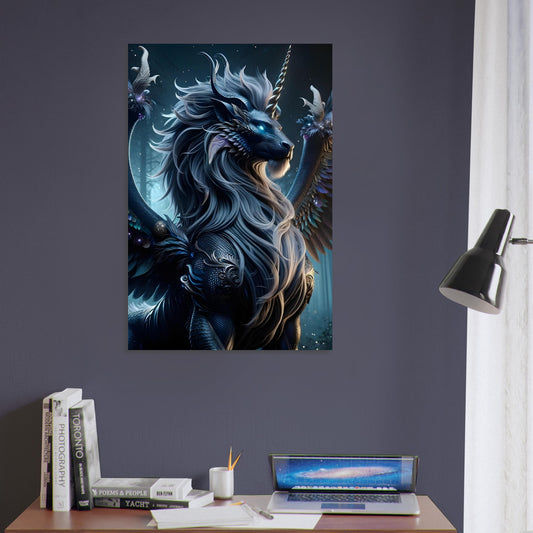 Metal poster artwork of a mythical creature with a lion’s body, unicorn horn, wings, and iridescent scales against a twilight sky.