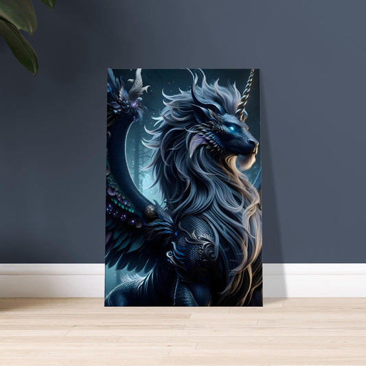 Artwork of a mythical lion-horse-dragon creature with wings, unicorn horn, and glowing eyes against a twilight sky.