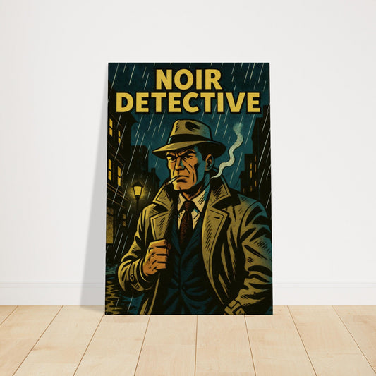 Comic-style noir detective in fedora and trench coat standing under a streetlight on rainy cobblestone street.