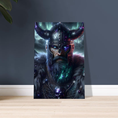 A Nordic Berserker in deep green and twilight purple armor with glowing eyes stands in a stormy Nordic landscape.