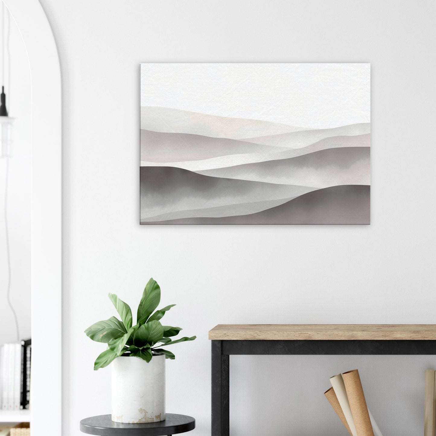 Landscape canvas with soft grey, cream, and pale taupe horizontal layers evoking Nordic mist.