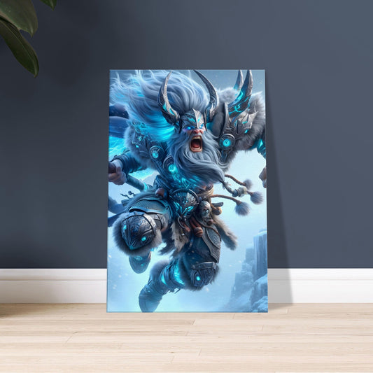 A Norse Berserker in icy blue and grey armor leaps with a battle axe over a snowy Nordic battlefield.