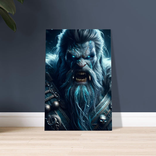 A Norse berserker in fur and leather armor with glowing ice blue accents snarls fiercely in a snowy Nordic landscape at night.