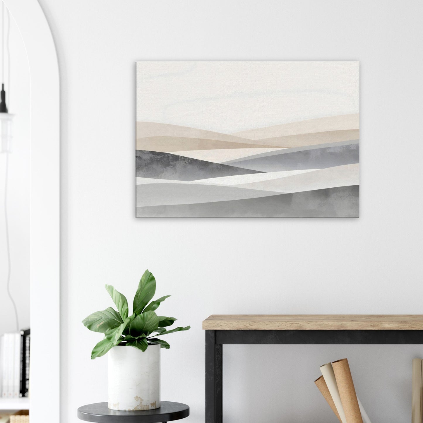 Landscape canvas with vertical pale lavender, soft grey, and cream layers evoking northern lights.