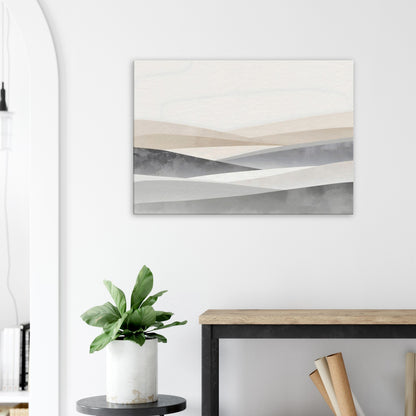 Landscape canvas with vertical pale lavender, soft grey, and cream layers evoking northern lights.