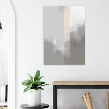 Portrait canvas with vertical pale grey, off-white, and muted stone layers evoking Nordic mist.
