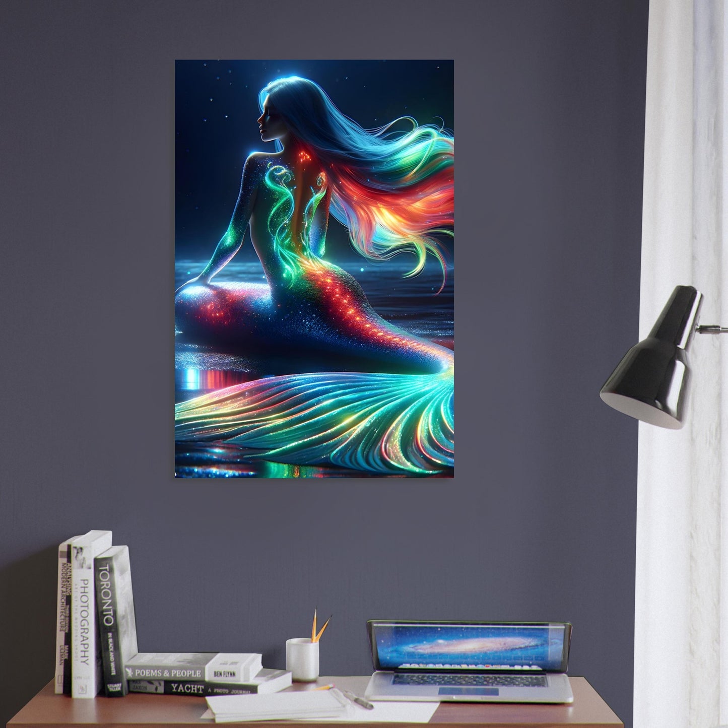 Metal poster of a glowing mermaid with a blue, green, and red tail and luminous hair in a moonlit ocean setting.