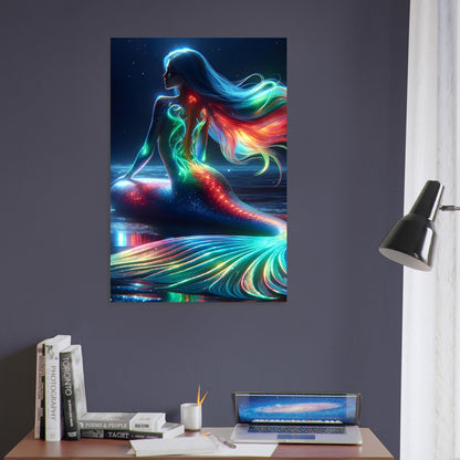 Metal poster of a glowing mermaid with a blue, green, and red tail and luminous hair in a moonlit ocean setting.