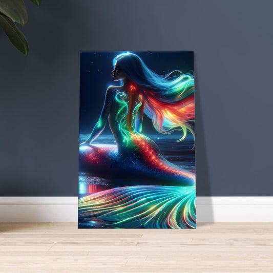 Artwork of a mermaid with a glowing blue, green, and red tail and hair, set against a deep, moonlit ocean backdrop.