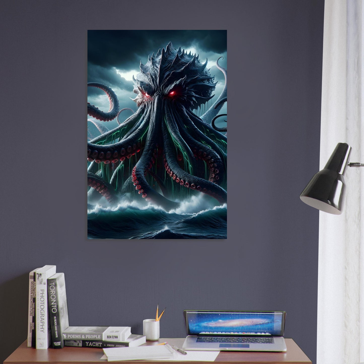 Metal poster of a Kraken with glowing red eyes and red-green tentacles emerging from a stormy ocean with lightning and crashing waves.