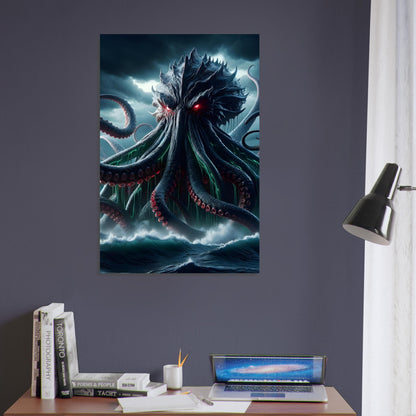 Metal poster of a Kraken with glowing red eyes and red-green tentacles emerging from a stormy ocean with lightning and crashing waves.
