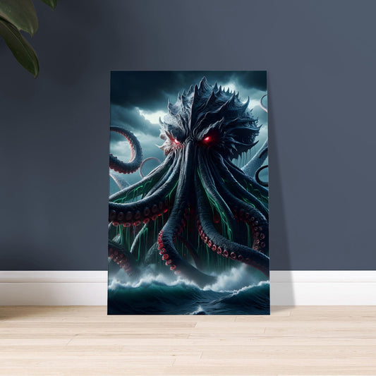 Artwork of a massive Kraken with red and green glowing tentacles and red eyes rising from a stormy ocean.