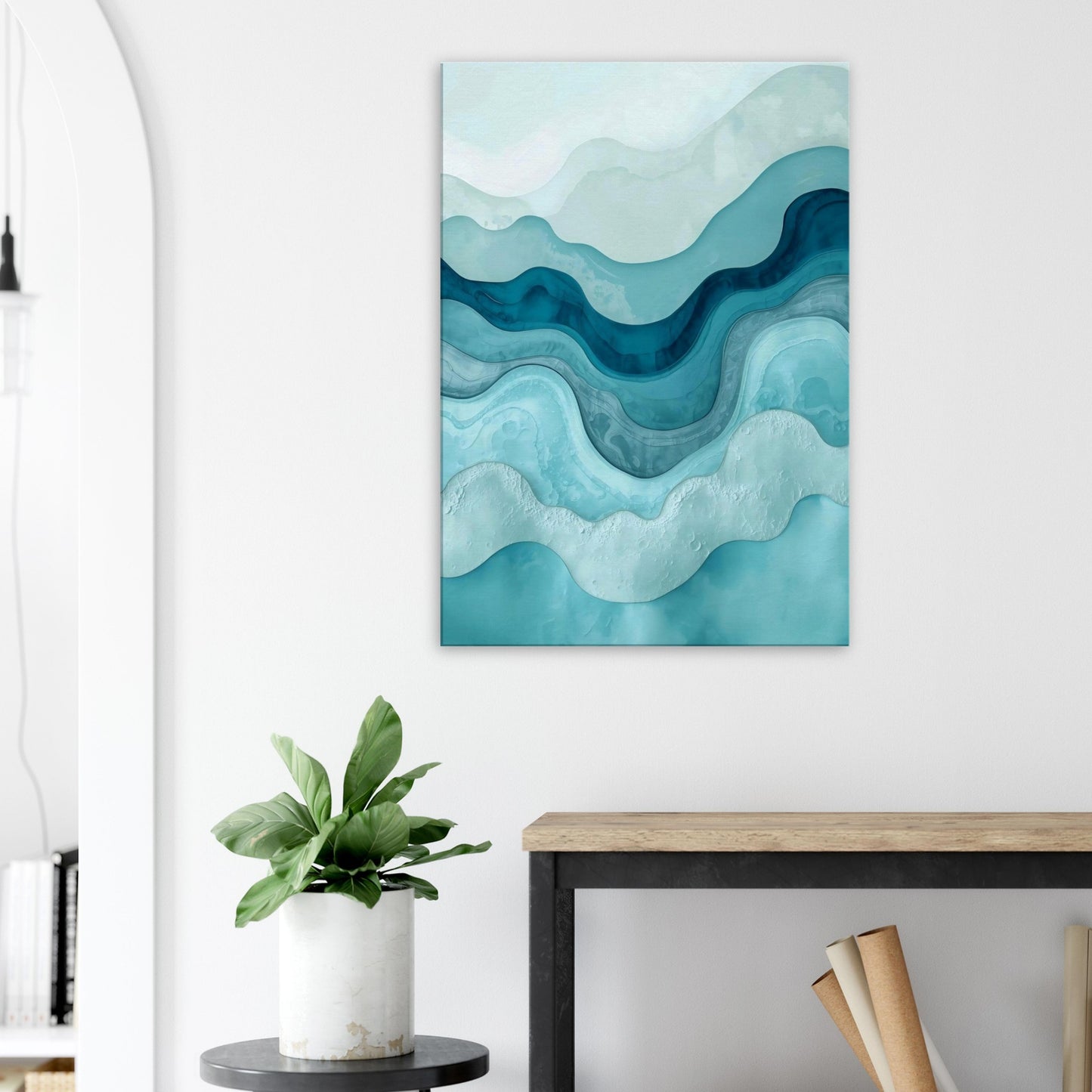 Portrait canvas with vertical abstract layers of turquoise, aqua, and soft blue forming water-inspired textures.