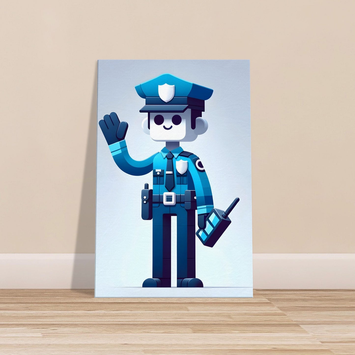 Minimalist cartoon police officer named Officer Bright waving and holding a walkie-talkie in blue, black, and white on a plain background.
