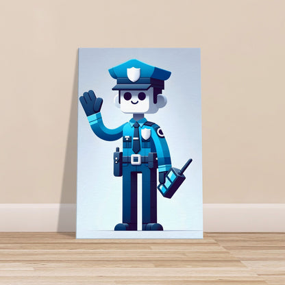 Minimalist cartoon police officer named Officer Bright waving and holding a walkie-talkie in blue, black, and white on a plain background.