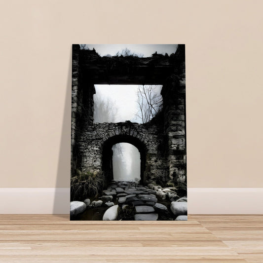 Black and white canvas art of an old stone arched bridge over a misty stream