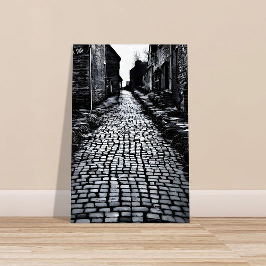 Black and white canvas of an old cobbled street lined with aged buildings and deep shadows