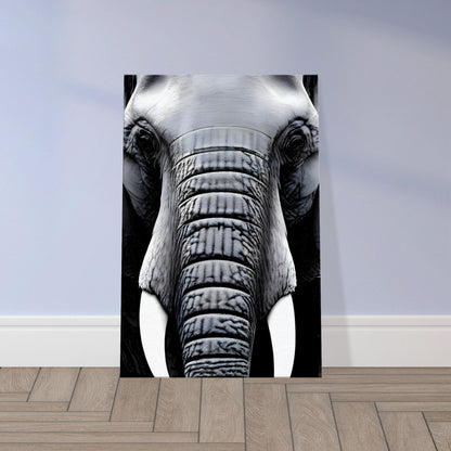 Monochrome wall art of an elephant’s face with textured skin and prominent tusks.