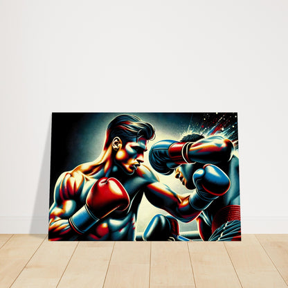 Two boxers mid-fight in a retro comic-book style, with dramatic shadows and halftone background adding vintage intensity.