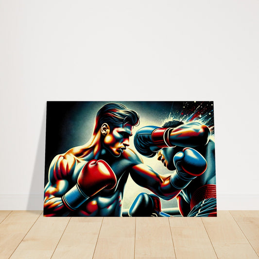 Two boxers mid-fight in a retro comic-book style, with dramatic shadows and halftone background adding vintage intensity.