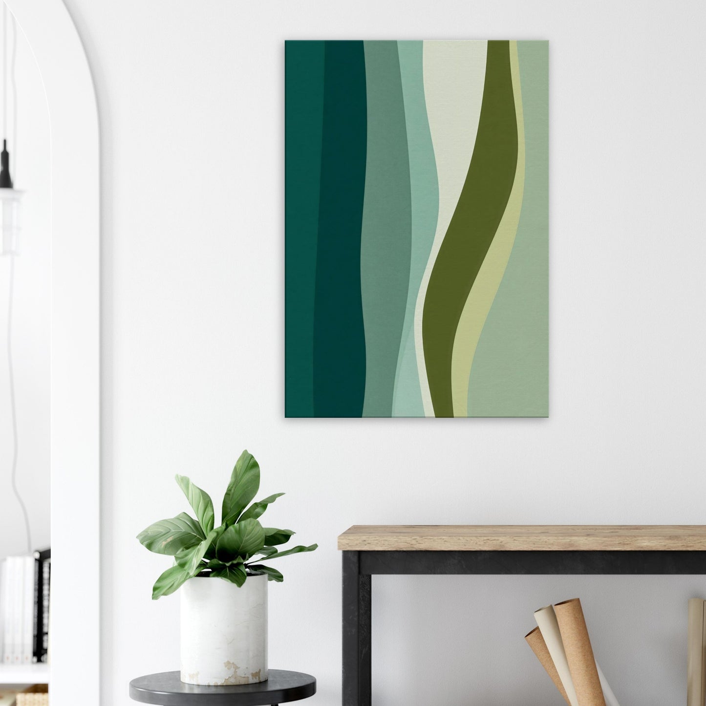 Abstract flowing botanical canvas artwork with olive, sage, and cream vertical wave forms.