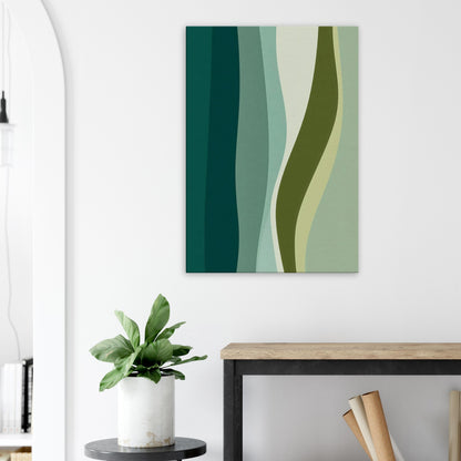 Abstract flowing botanical canvas artwork with olive, sage, and cream vertical wave forms.