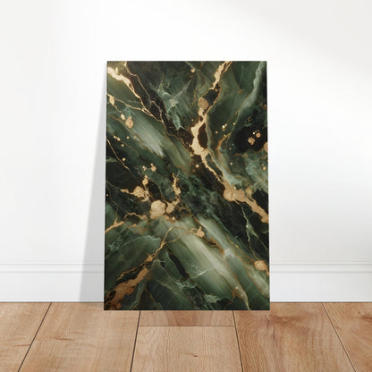 Olive green marble wall art with dark green veining and gold flecks, finished with a polished surface for earthy elegance.