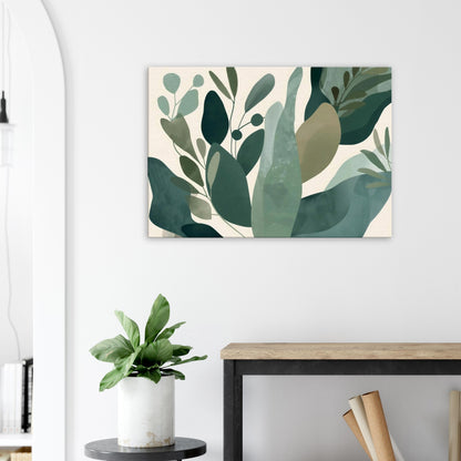 Canvas wall art displaying olive and sage botanical silhouettes rising through soft layered gradients in an abstract grove composition.