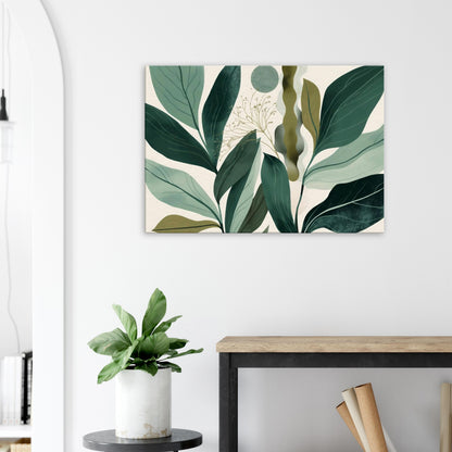 Landscape canvas art showing soft flowing olive and sage botanical silhouettes layered within gentle vertical gradients.