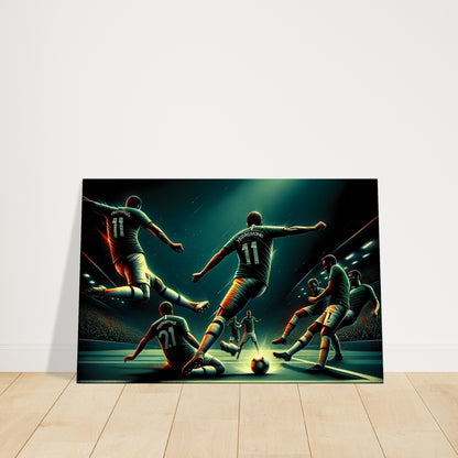 Canvas print of a football player skillfully maneuvering the ball amidst players, illuminated by stadium lighting.