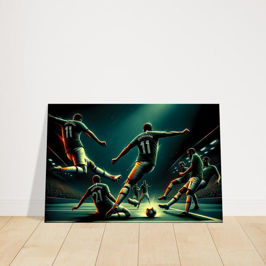 Canvas print of a football player skillfully maneuvering the ball amidst players, illuminated by stadium lighting.