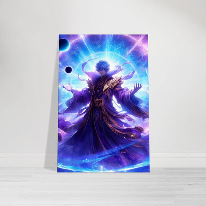 Cosmic anime-style warrior summoning a vortex of galactic energy with glowing blue, red, and violet power on a battlefield of stars and galaxies.