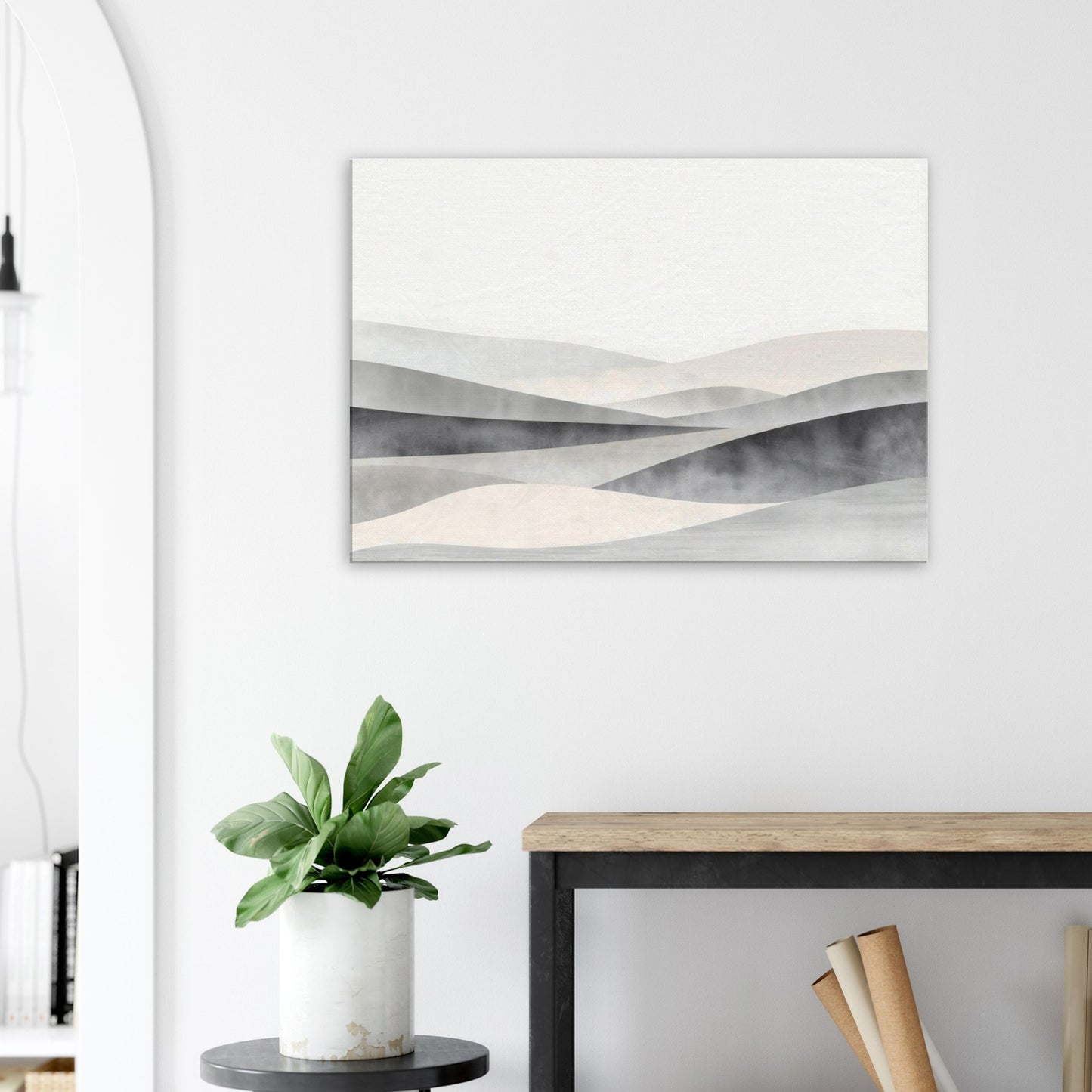 Landscape canvas with soft horizontal layers in pale grey, muted stone, and off-white.